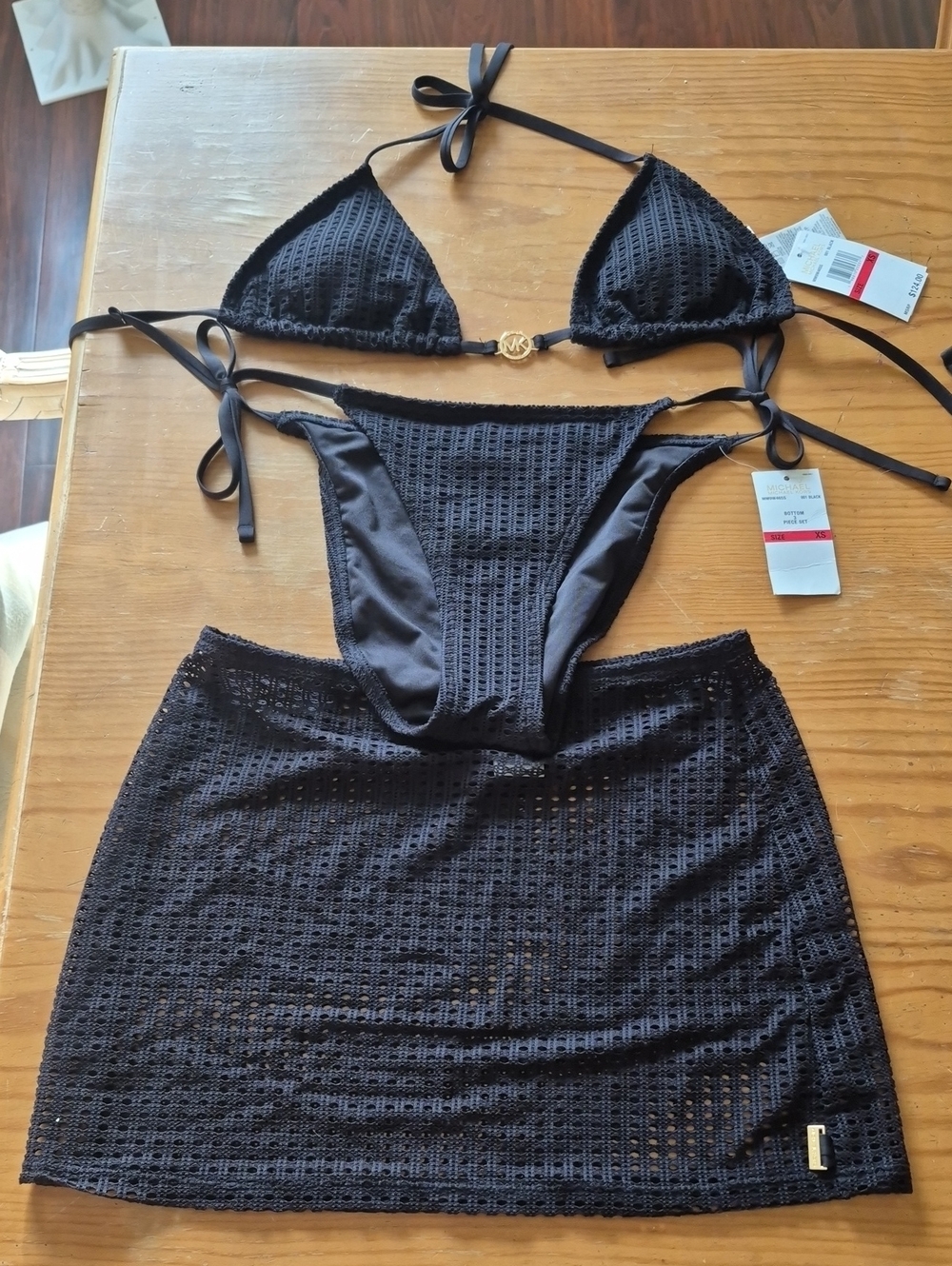 Nwt Michael Kors Black Crochet Triangle Bikini with Skirt